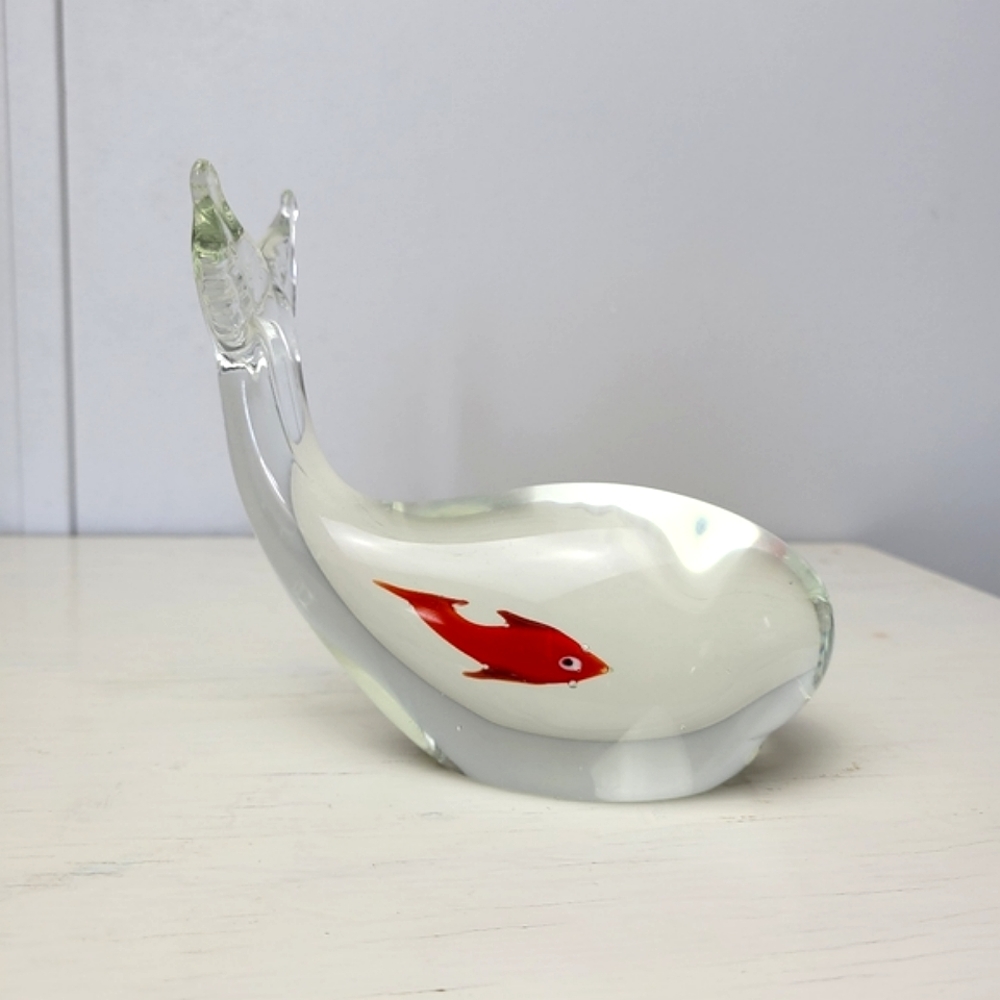 Vintage Paperweight Art Glass Whale with Orange Fish Inside 5x5